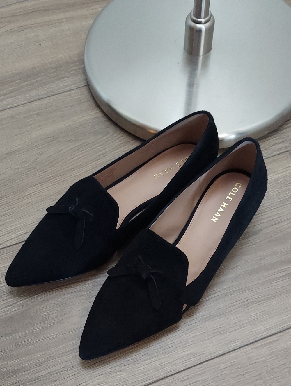 Cole Haan Black Suede Pointed Toe Bow Loafers